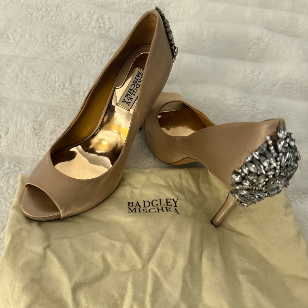 Badgley Mischka Satin Peep Toe Heels - Rose Gold and Silver Embellishment